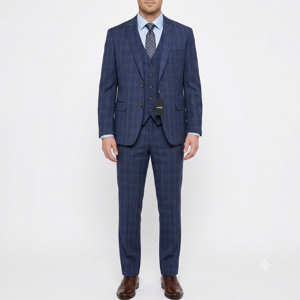 Murano Mens 3 Piece Suit 4XB Navy Blue Plaid Blazer Vest Pant Big Tall NWT 48x30